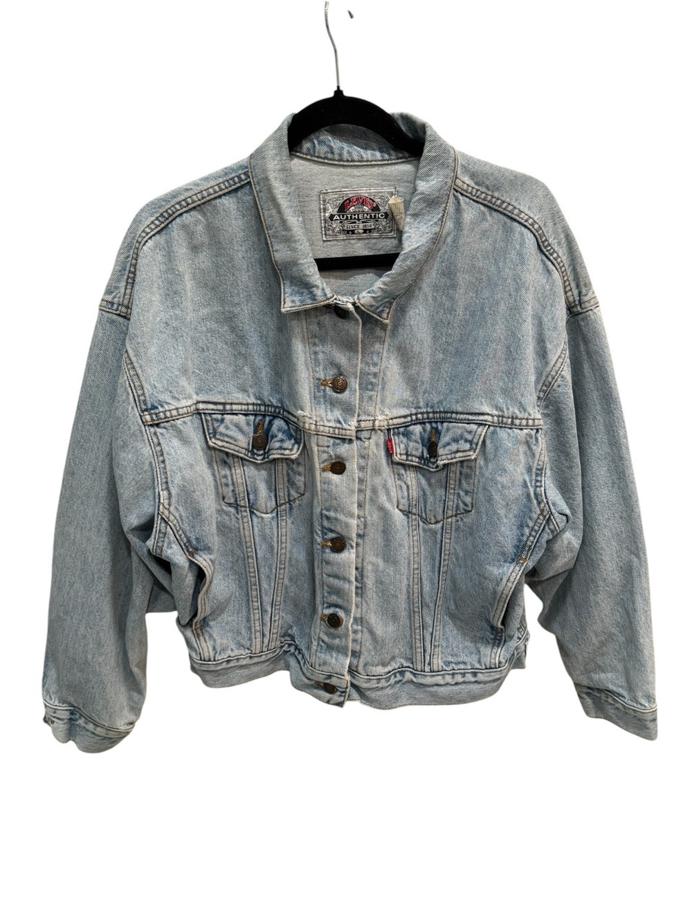 Levis Mens L Authentic Blue Denim Trucker Jean Jacket Faded Red Tag Short Y2K